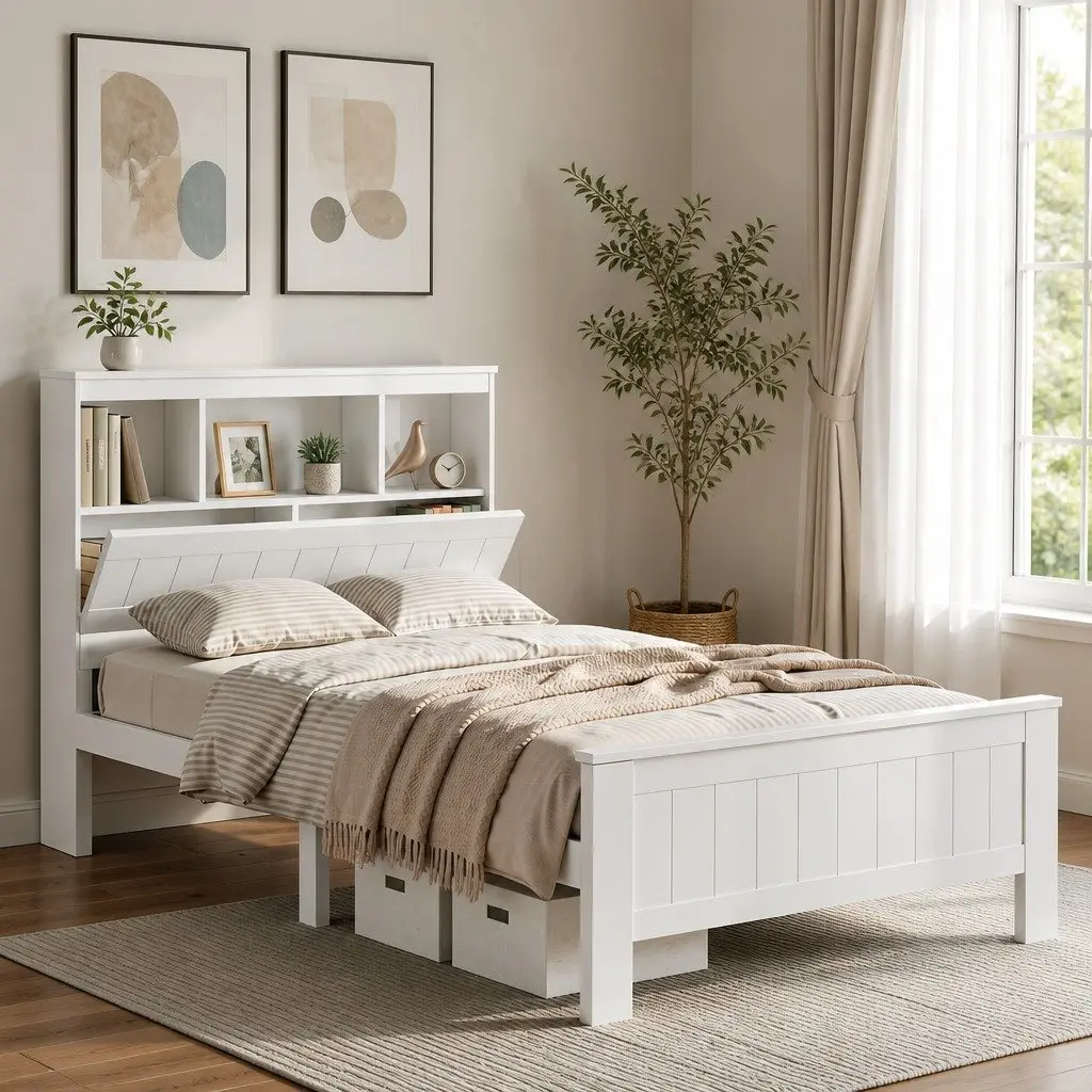 King Single Bed Frame with 3-Shelf Headboard