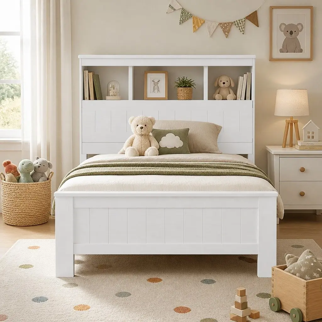 King Single Bed Frame with 3-Shelf Headboard