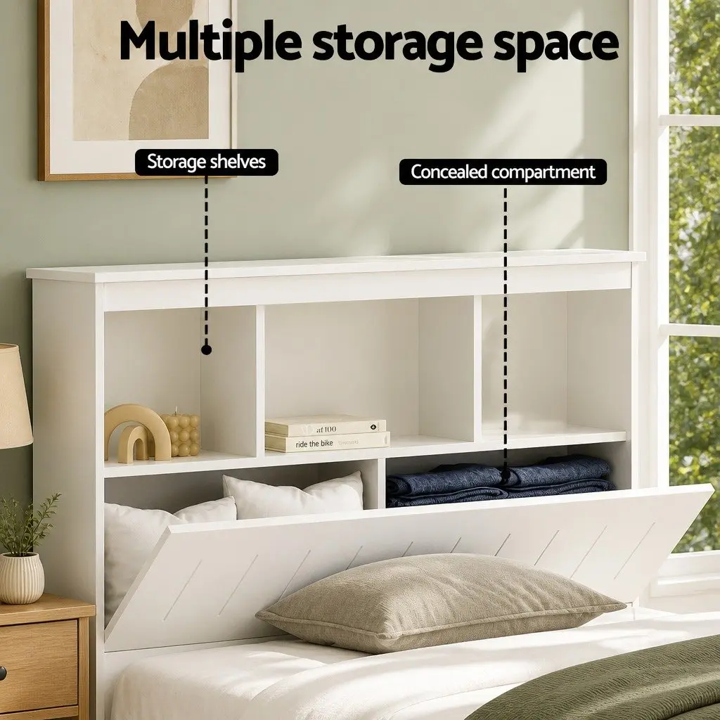 King Single Bed Frame with 3-Shelf Headboard
