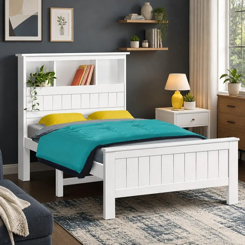 King Single Bed Frame with 3-Shelf Headboard