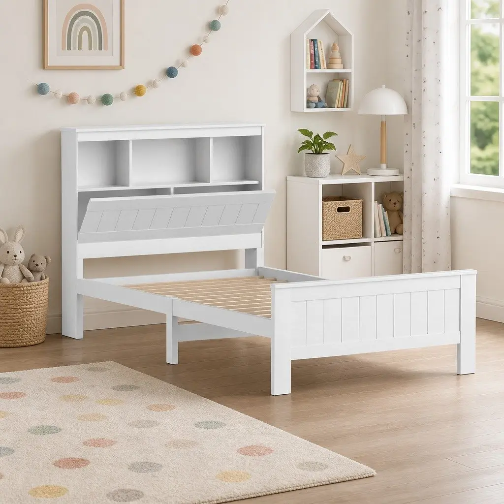 King Single Bed Frame with 3-Shelf Headboard