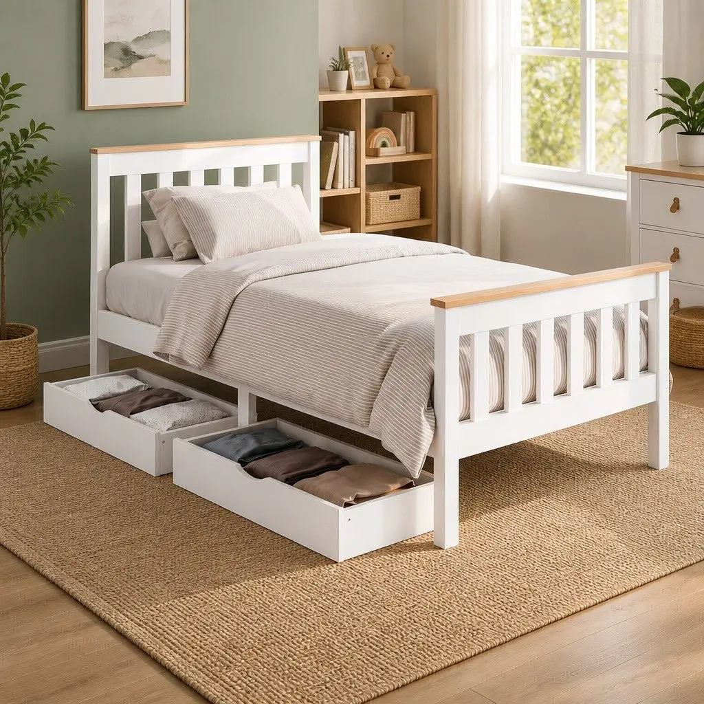 Single Bed Frame Pine Wood with 2 Storage Drawers White