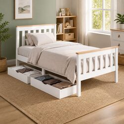 Single Bed Frame Wooden Platform with 2 Storage Drawers White Bedroom Furniture