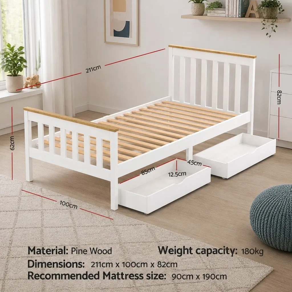 Single Bed Frame Pine Wood with 2 Storage Drawers White