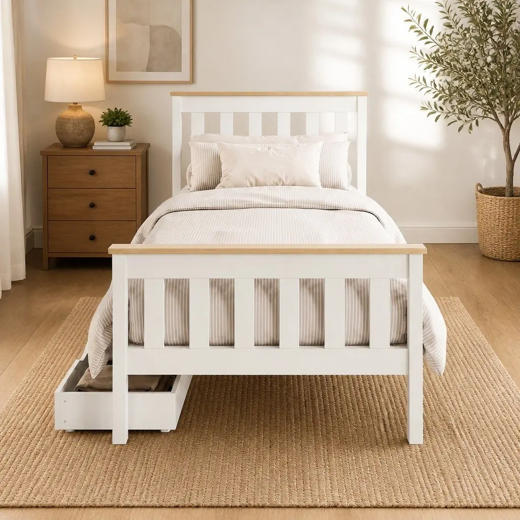 Single Bed Frame Pine Wood with 2 Storage Drawers White