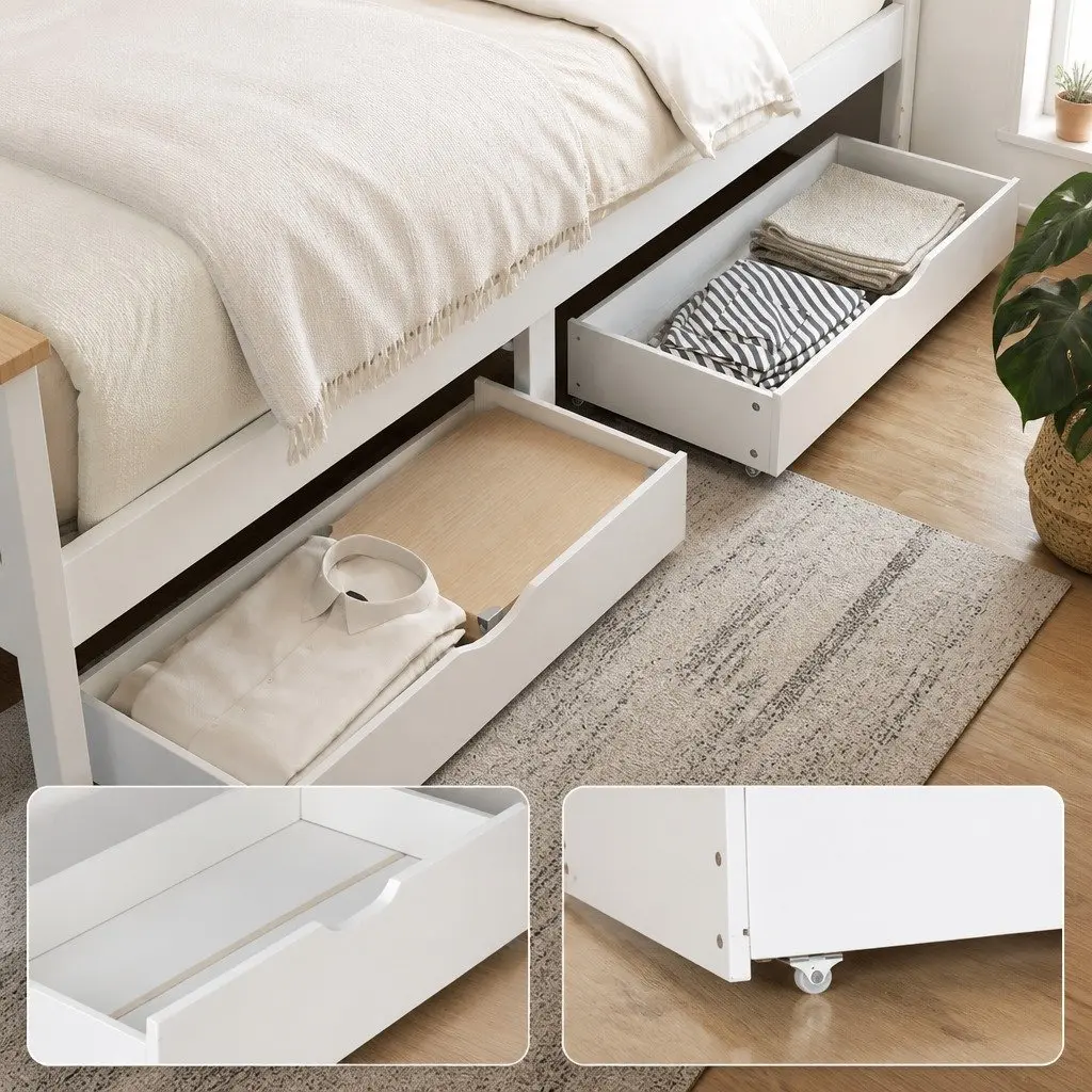 Single Bed Frame Pine Wood with 2 Storage Drawers White