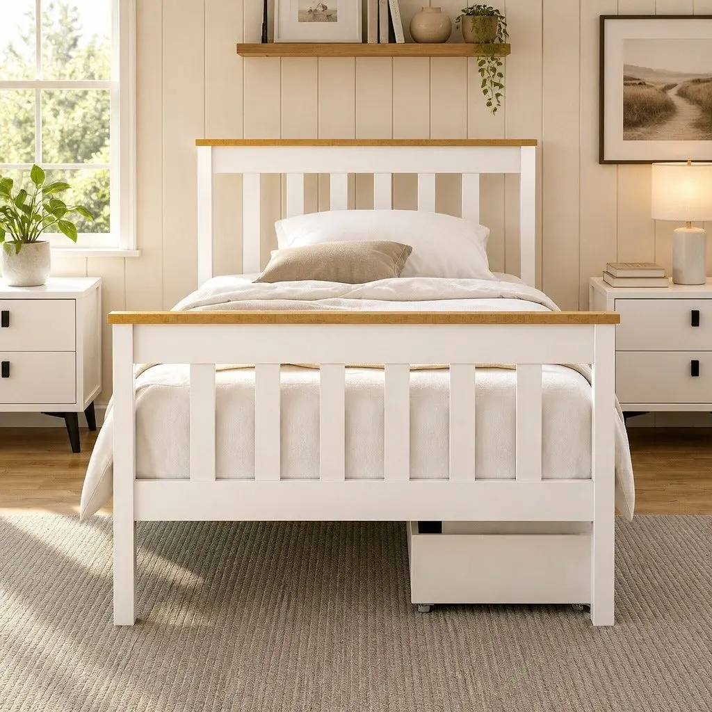 Single Bed Frame Pine Wood with 2 Storage Drawers White