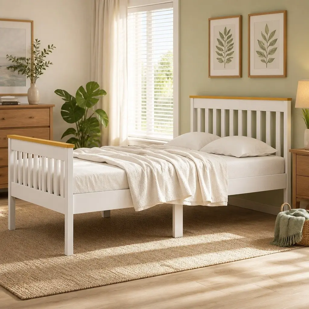 Single Bed Frame Pine Wood with 2 Storage Drawers White