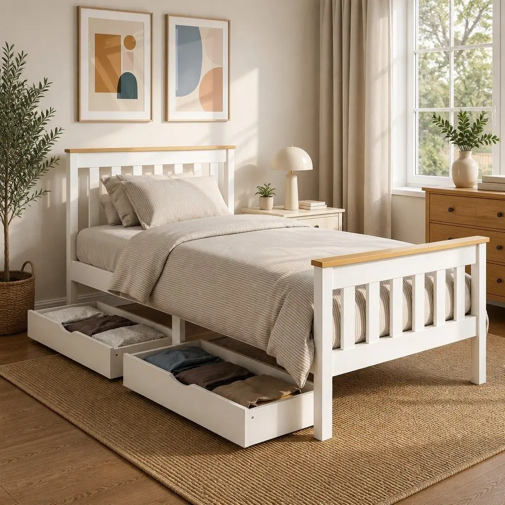 Single Bed Frame Pine Wood with 2 Storage Drawers White