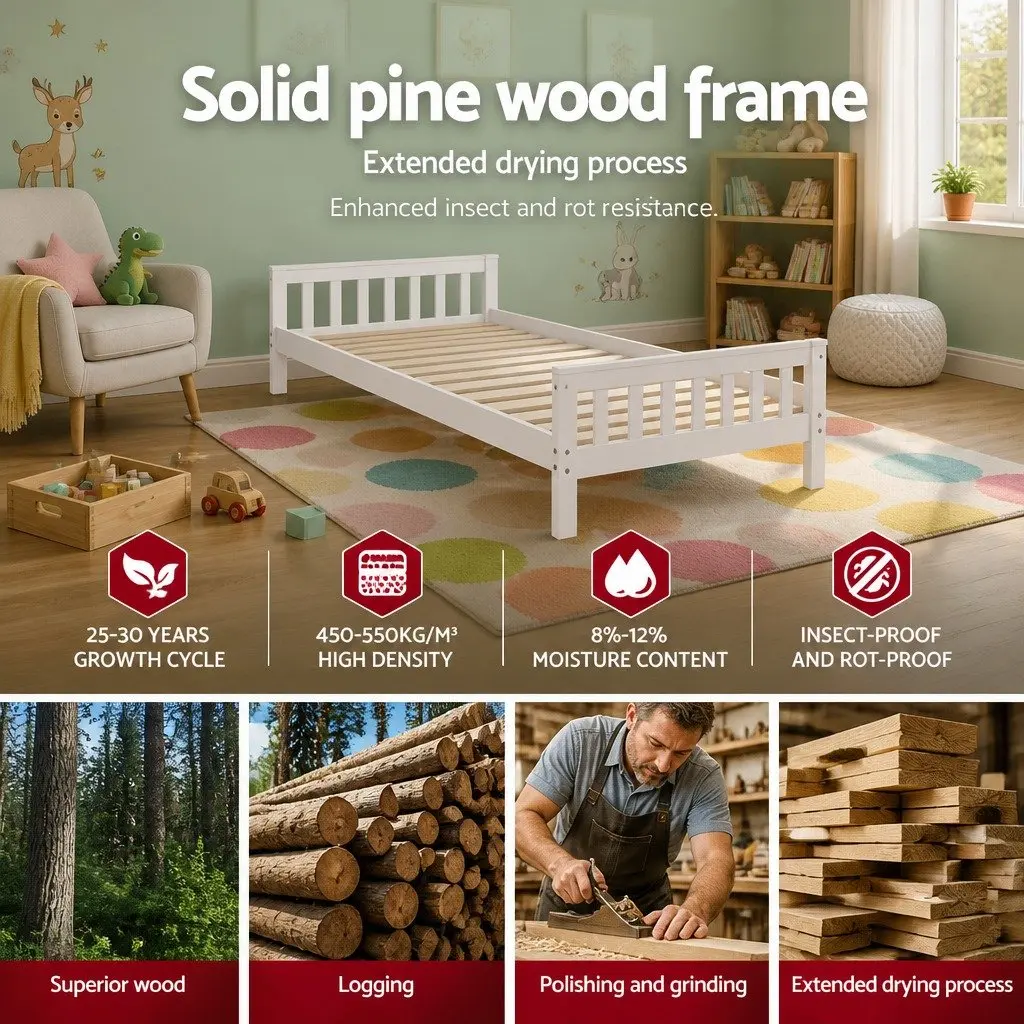 Single Wooden Bed Frame White Pine Wood Slat Support Bedroom Furniture