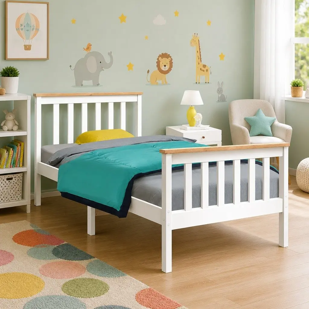 Single Wooden Bed Frame White Pine Wood Slat Support Bedroom Furniture