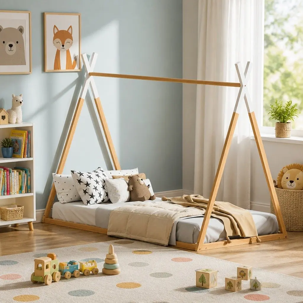 Kids House Bed Frame in Oak and White