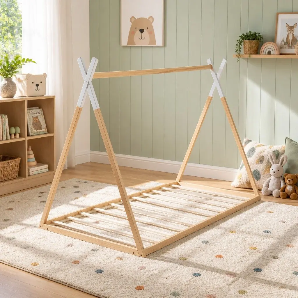 Kids House Bed Frame in Oak and White