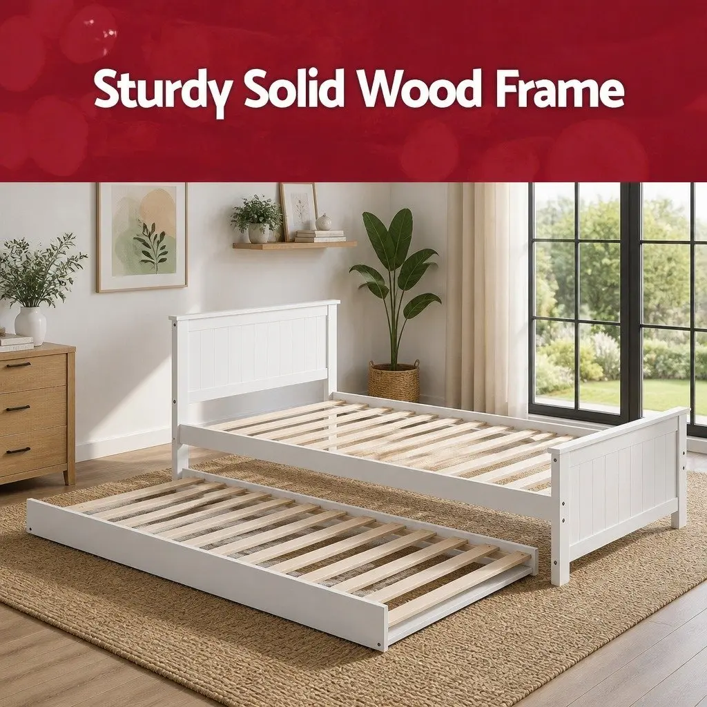 Single Bed Frame with Pull-Out Trundle in White