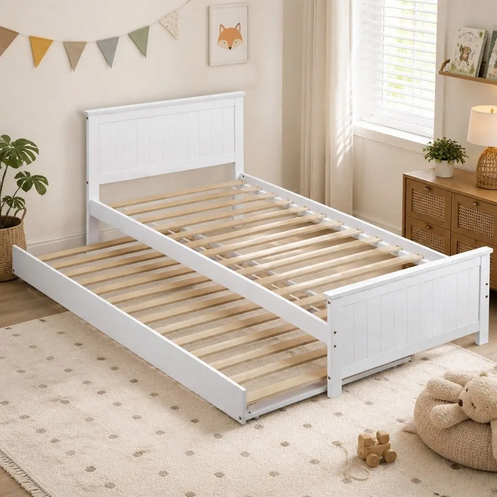 Single Bed Frame with Pull-Out Trundle in White