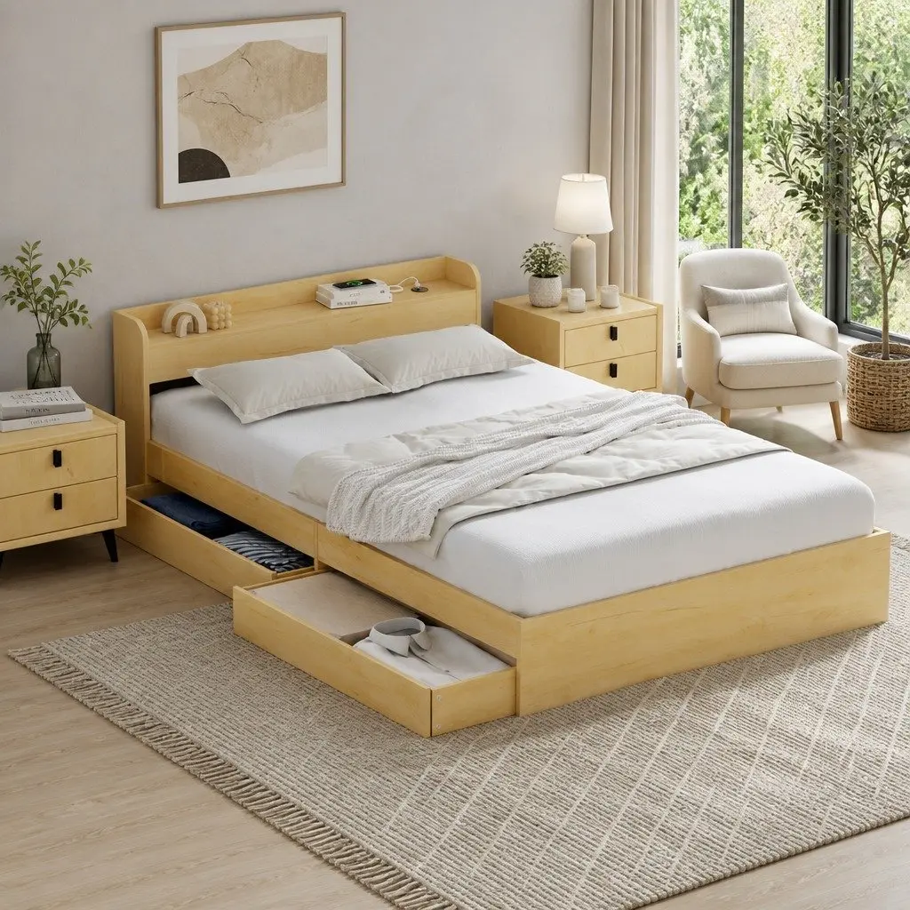 Double Bed Frame Pine Wood 211 x 142 x 70cm with USB Charging Ports and 2 Storage Drawers