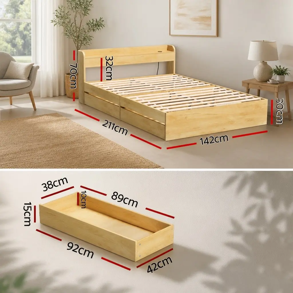 Double Bed Frame Pine Wood 211 x 142 x 70cm with USB Charging Ports and 2 Storage Drawers