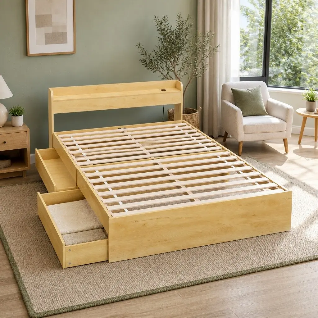 Double Bed Frame Pine Wood 211 x 142 x 70cm with USB Charging Ports and 2 Storage Drawers