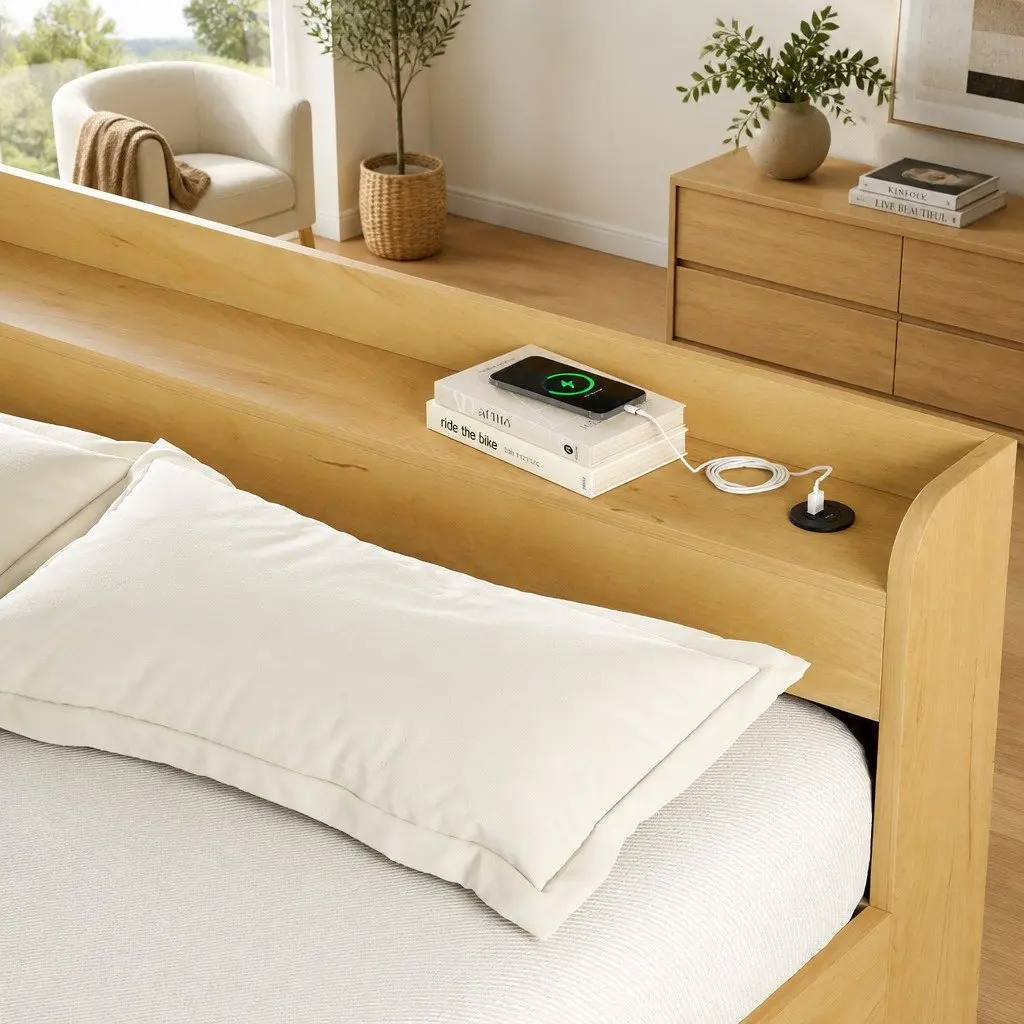 Double Bed Frame Pine Wood 211 x 142 x 70cm with USB Charging Ports and 2 Storage Drawers