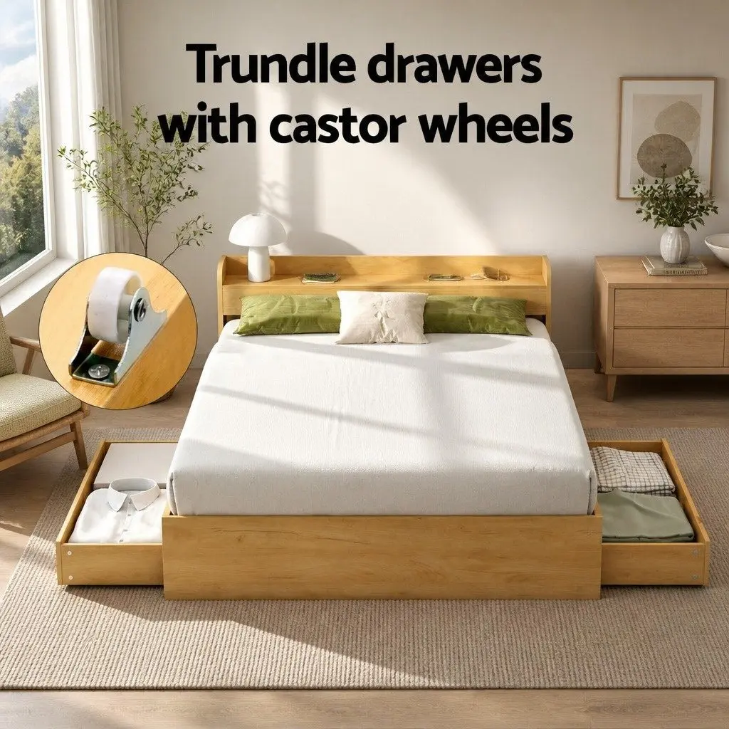 Double Bed Frame Pine Wood 211 x 142 x 70cm with USB Charging Ports and 2 Storage Drawers