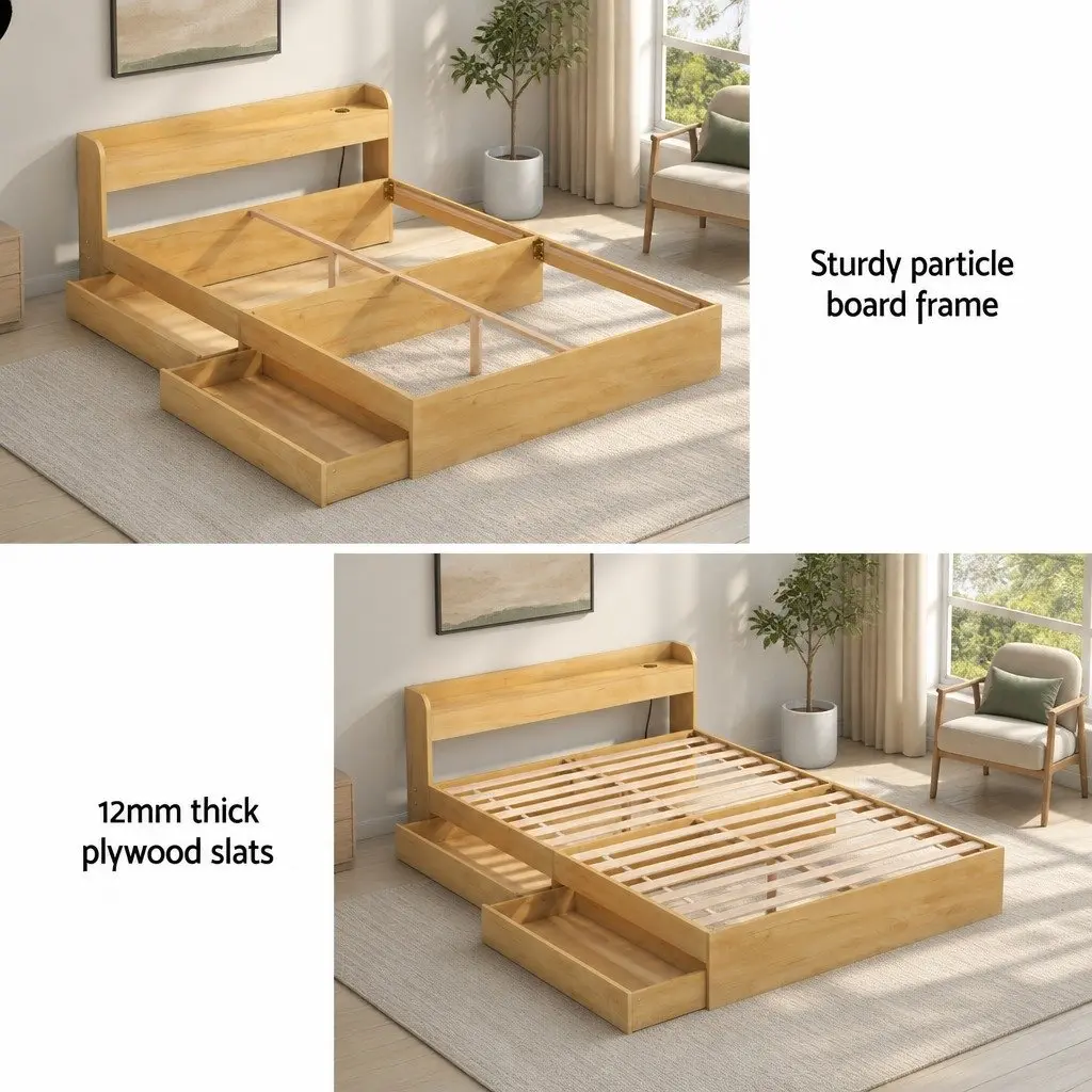 Double Bed Frame Pine Wood 211 x 142 x 70cm with USB Charging Ports and 2 Storage Drawers