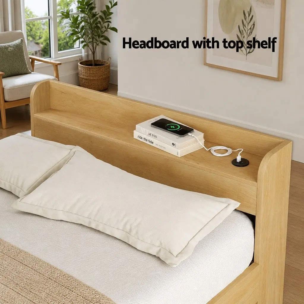 Double Bed Frame Pine Wood 211 x 142 x 70cm with USB Charging Ports and 2 Storage Drawers