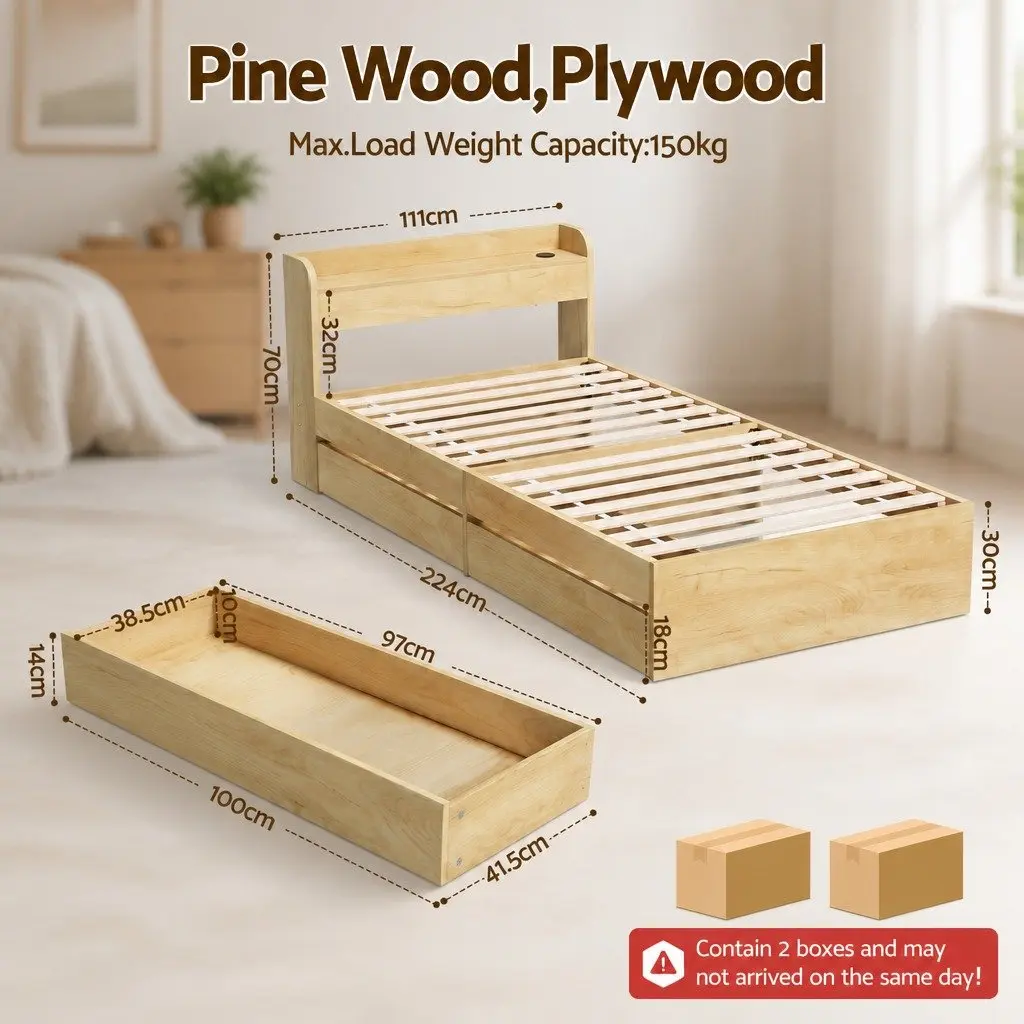 King Single Bed Frame with Storage & USB Ports
