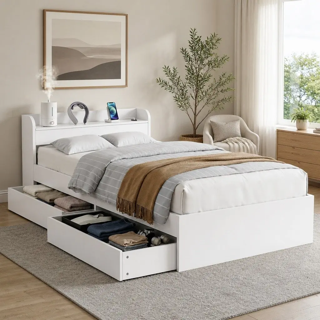 White King Single Bed Frame with USB Ports