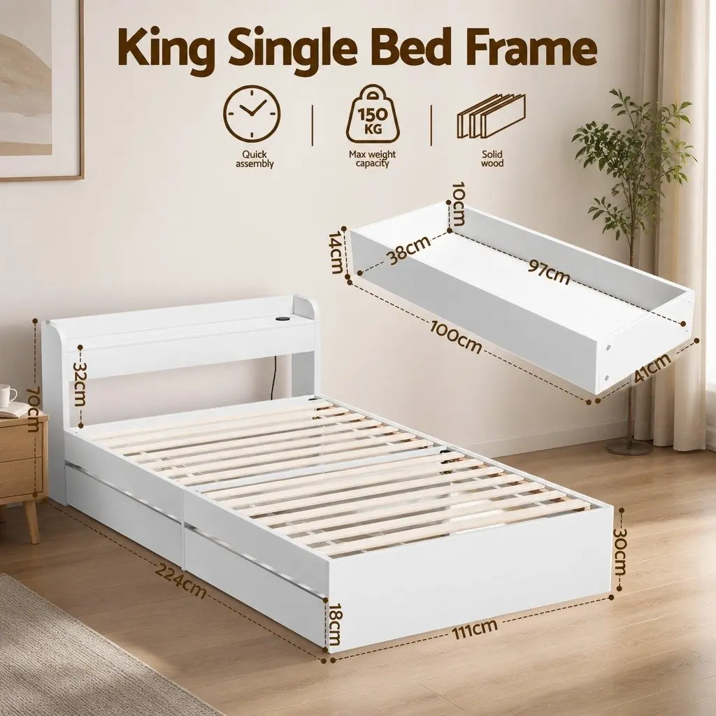 White King Single Bed Frame with USB Ports
