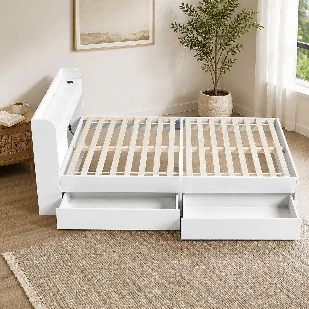 White King Single Bed Frame with USB Ports