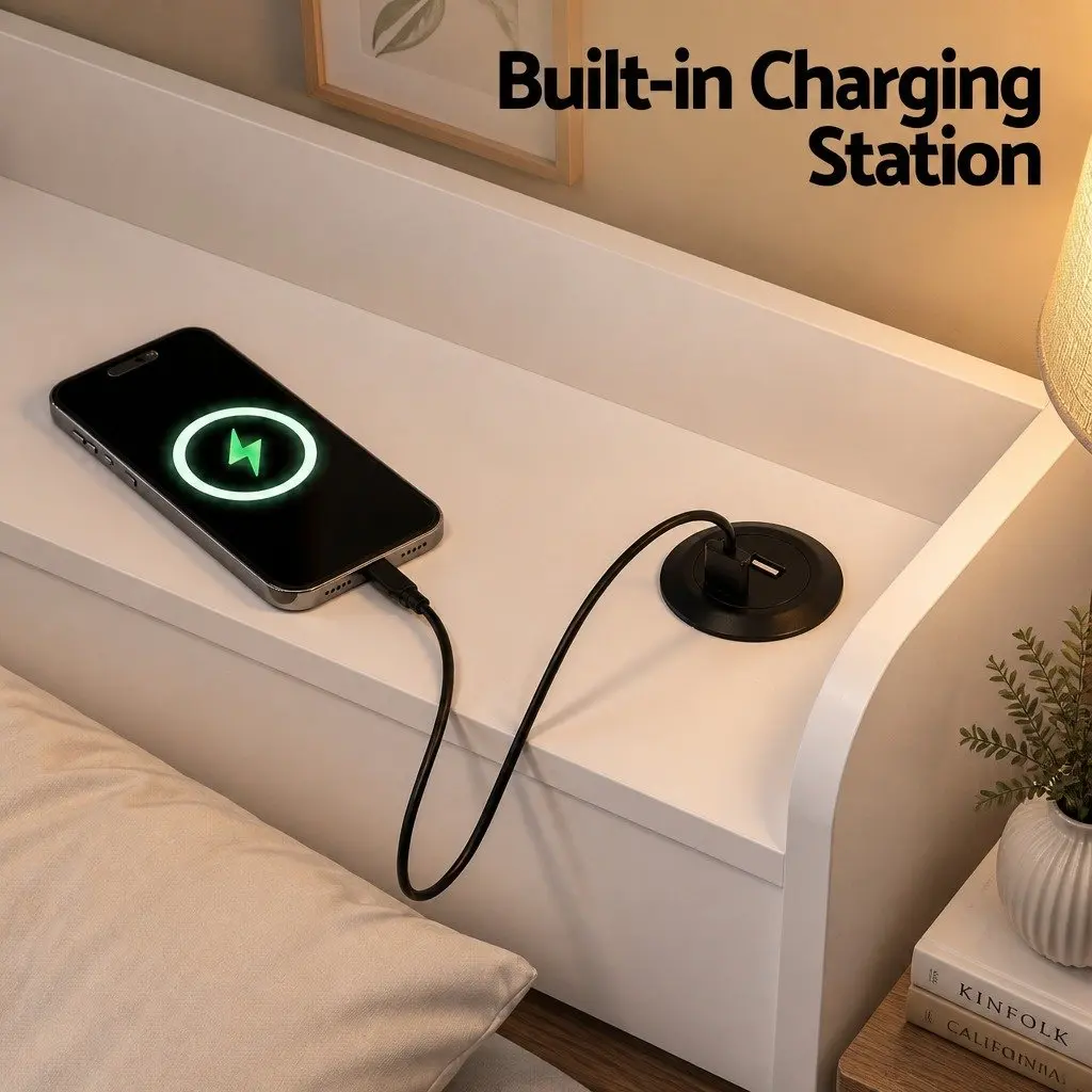 White King Single Bed Frame with USB Ports