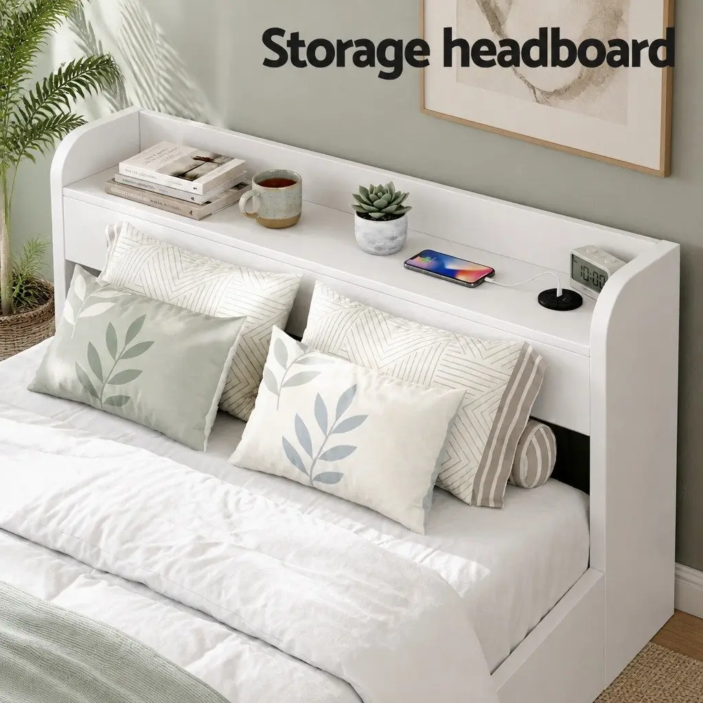 White King Single Bed Frame with USB Ports