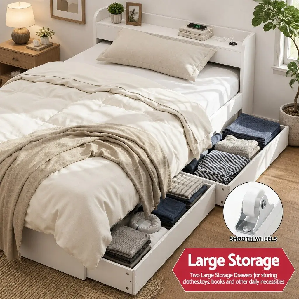 White King Single Bed Frame with USB Ports