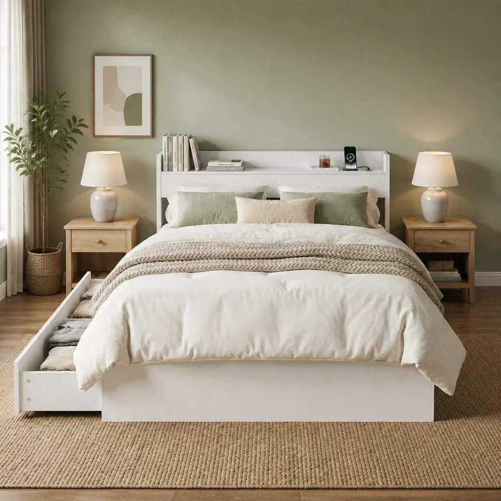 White King Single Bed Frame with USB Ports