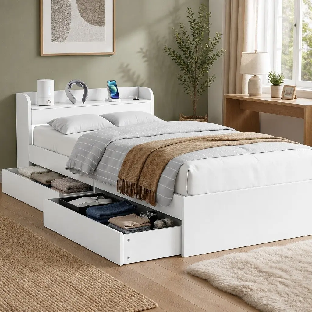White King Single Bed Frame with USB Ports