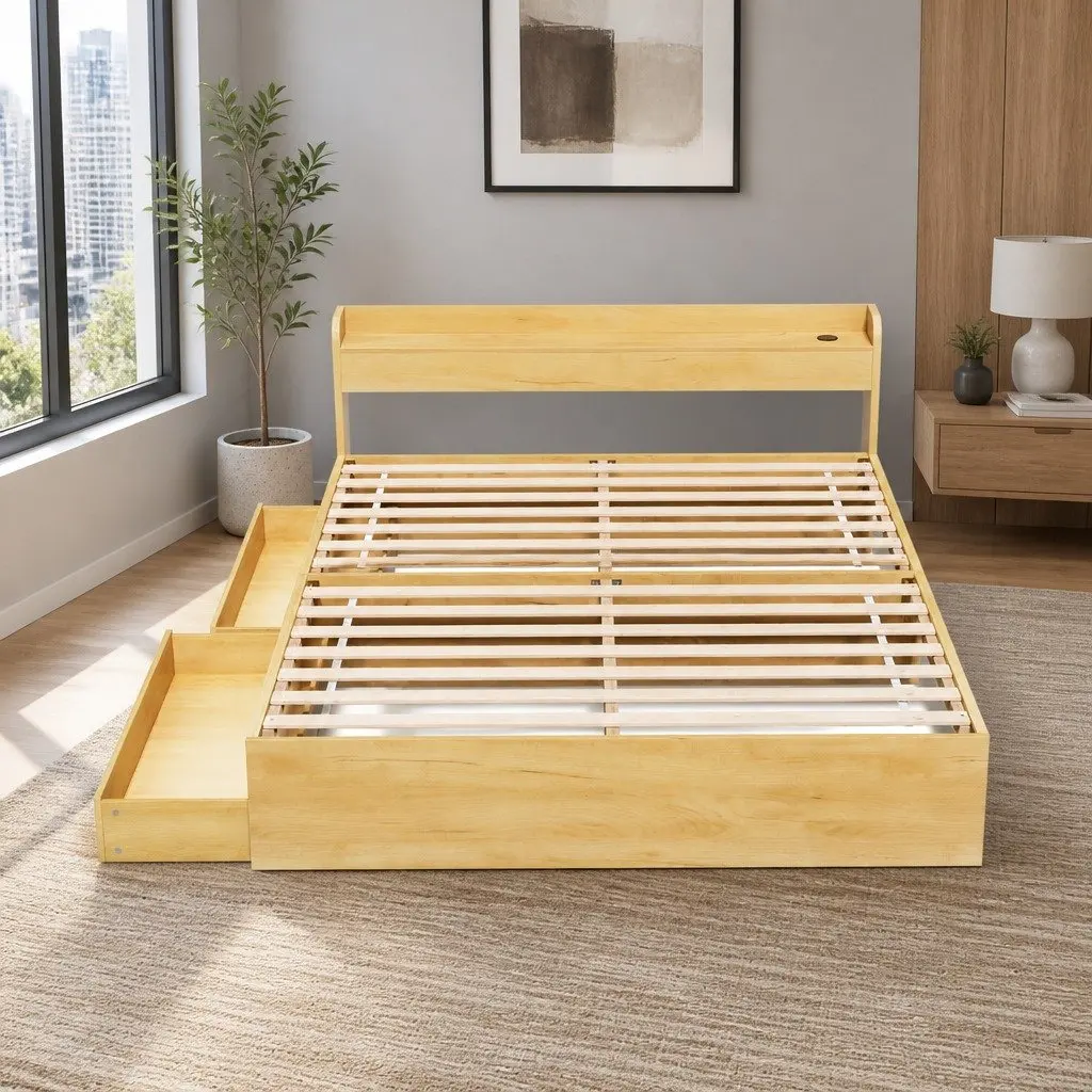 Queen Bed Frame with USB Ports and Storage