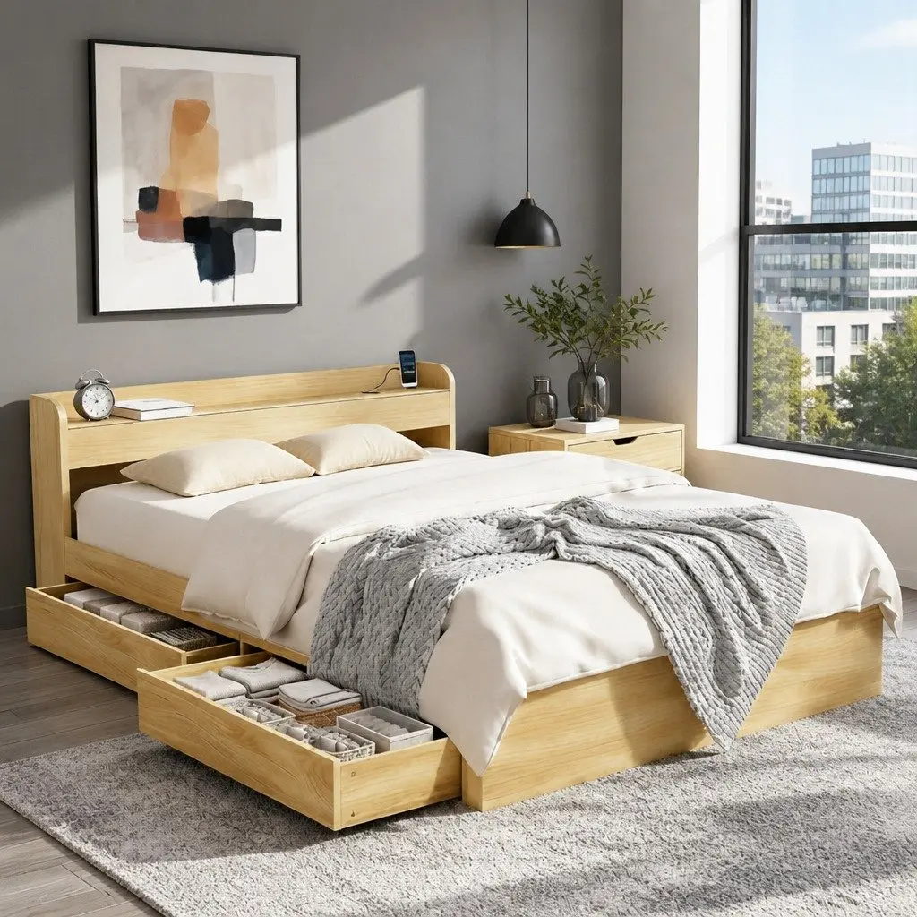 Queen Bed Frame with USB Ports and Storage