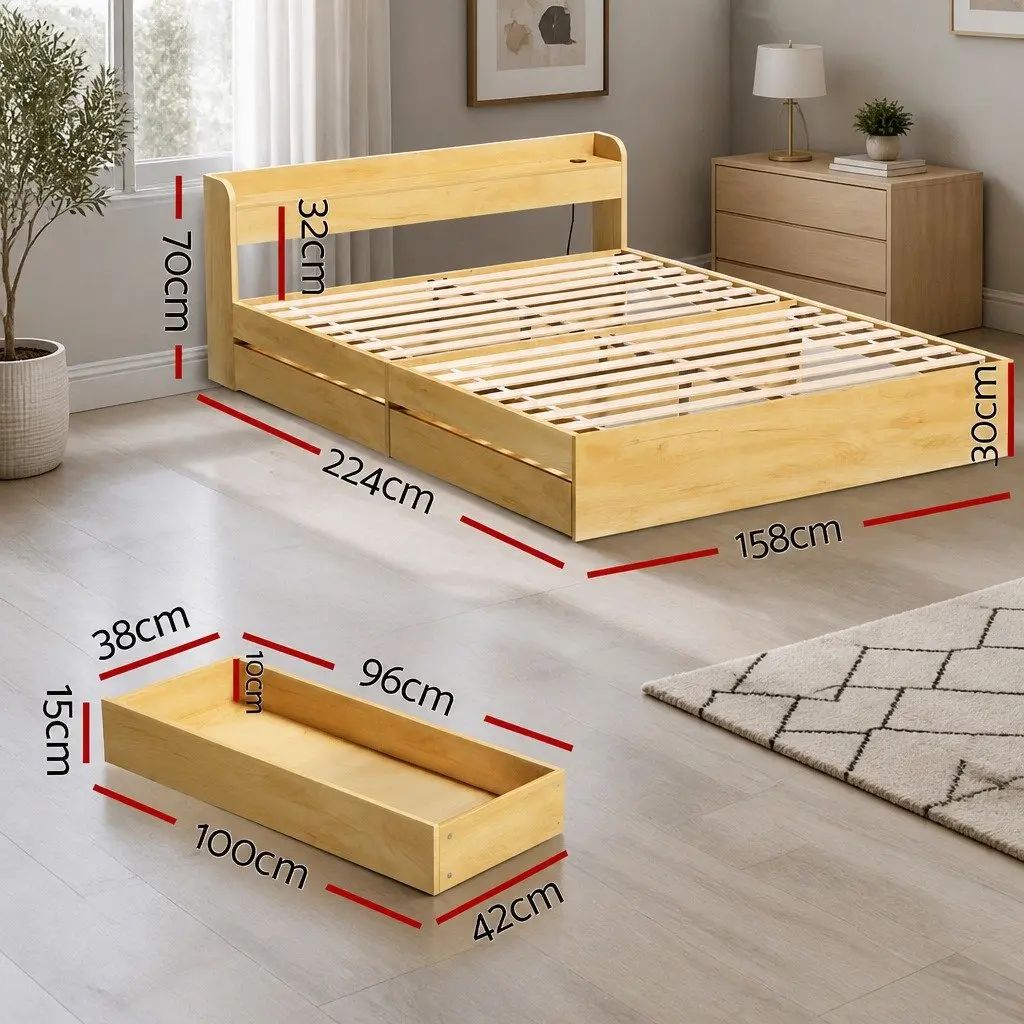 Queen Bed Frame with USB Ports and Storage