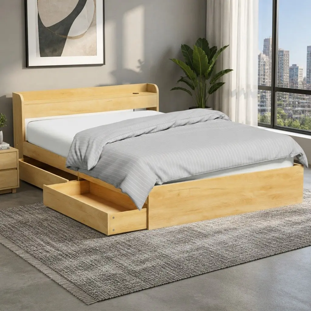 Queen Bed Frame with USB Ports and Storage