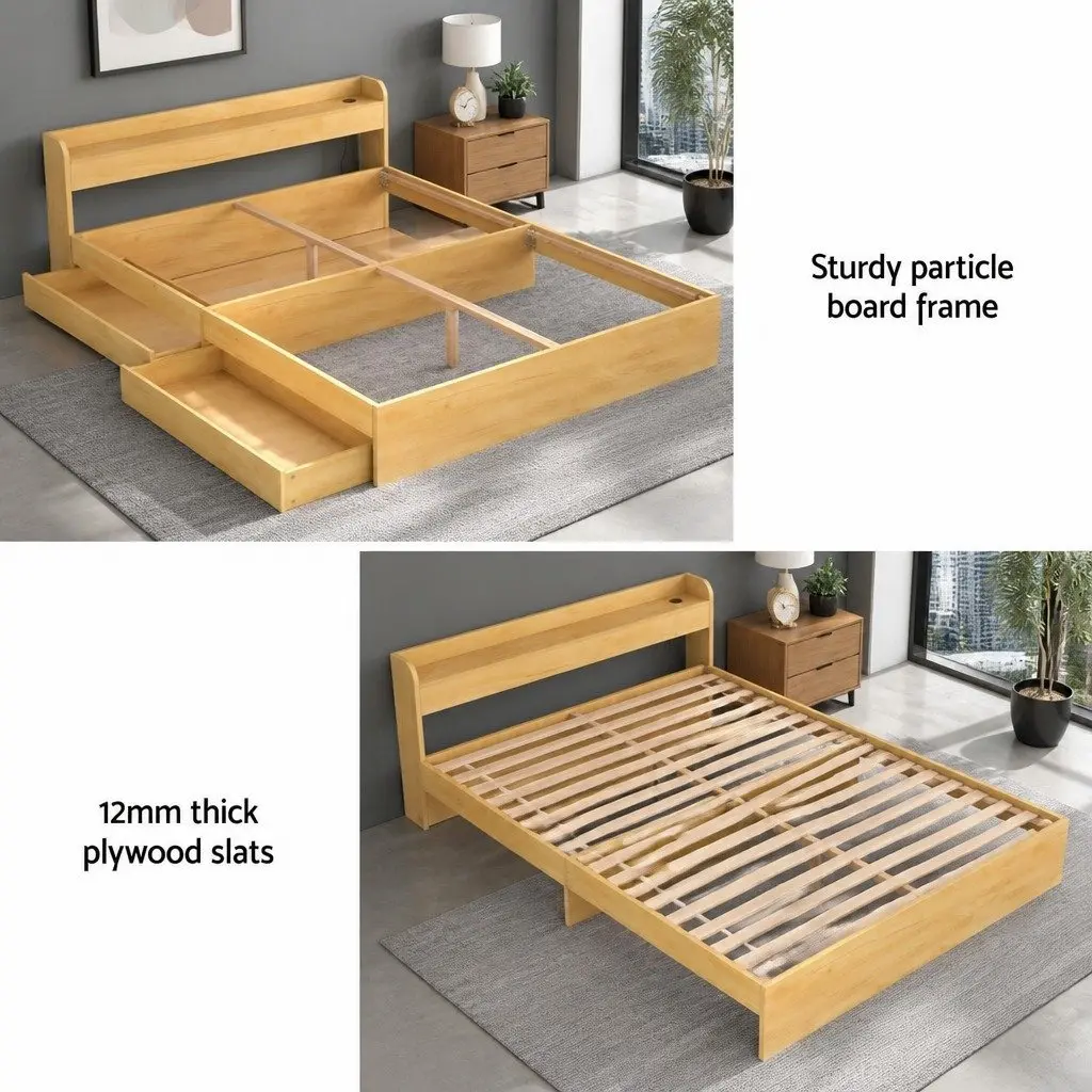 Queen Bed Frame with USB Ports and Storage