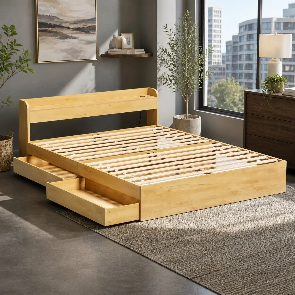 Queen Bed Frame with USB Ports and Storage