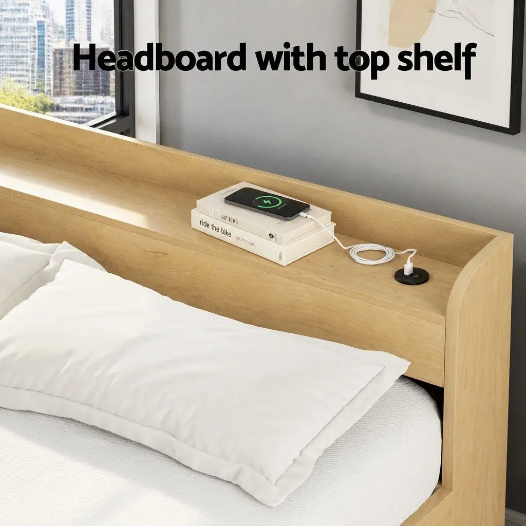 Queen Bed Frame with USB Ports and Storage