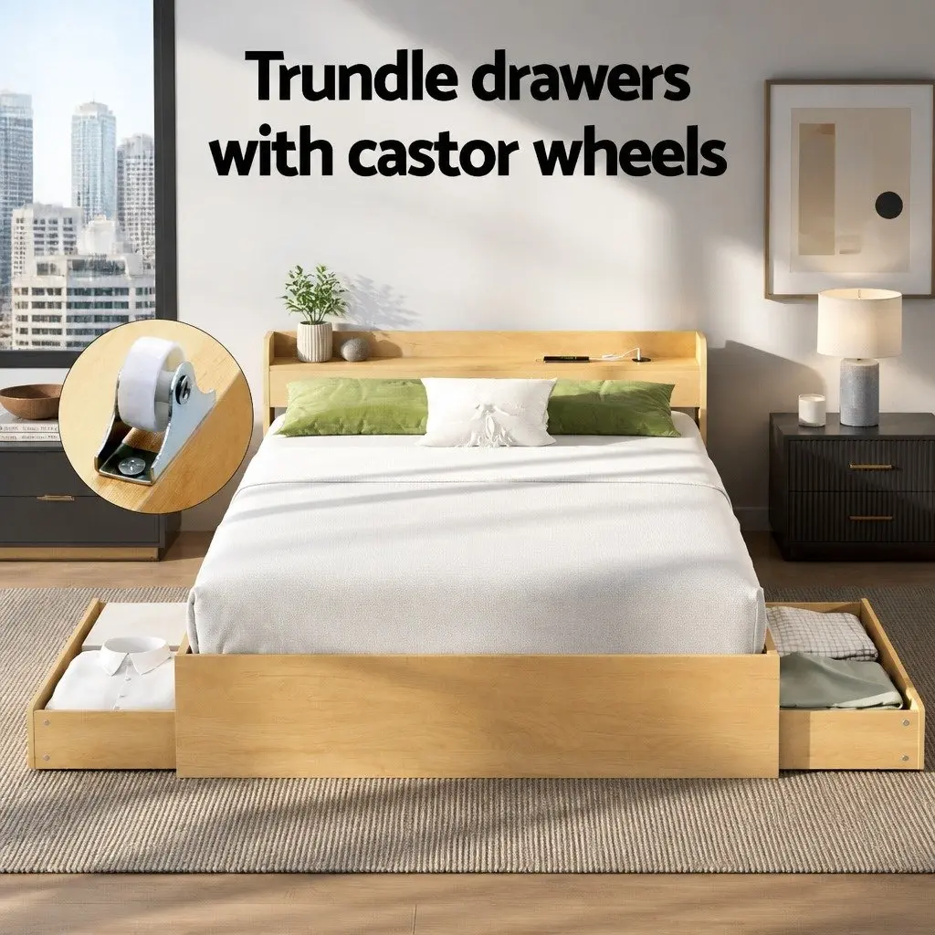 Queen Bed Frame with USB Ports and Storage