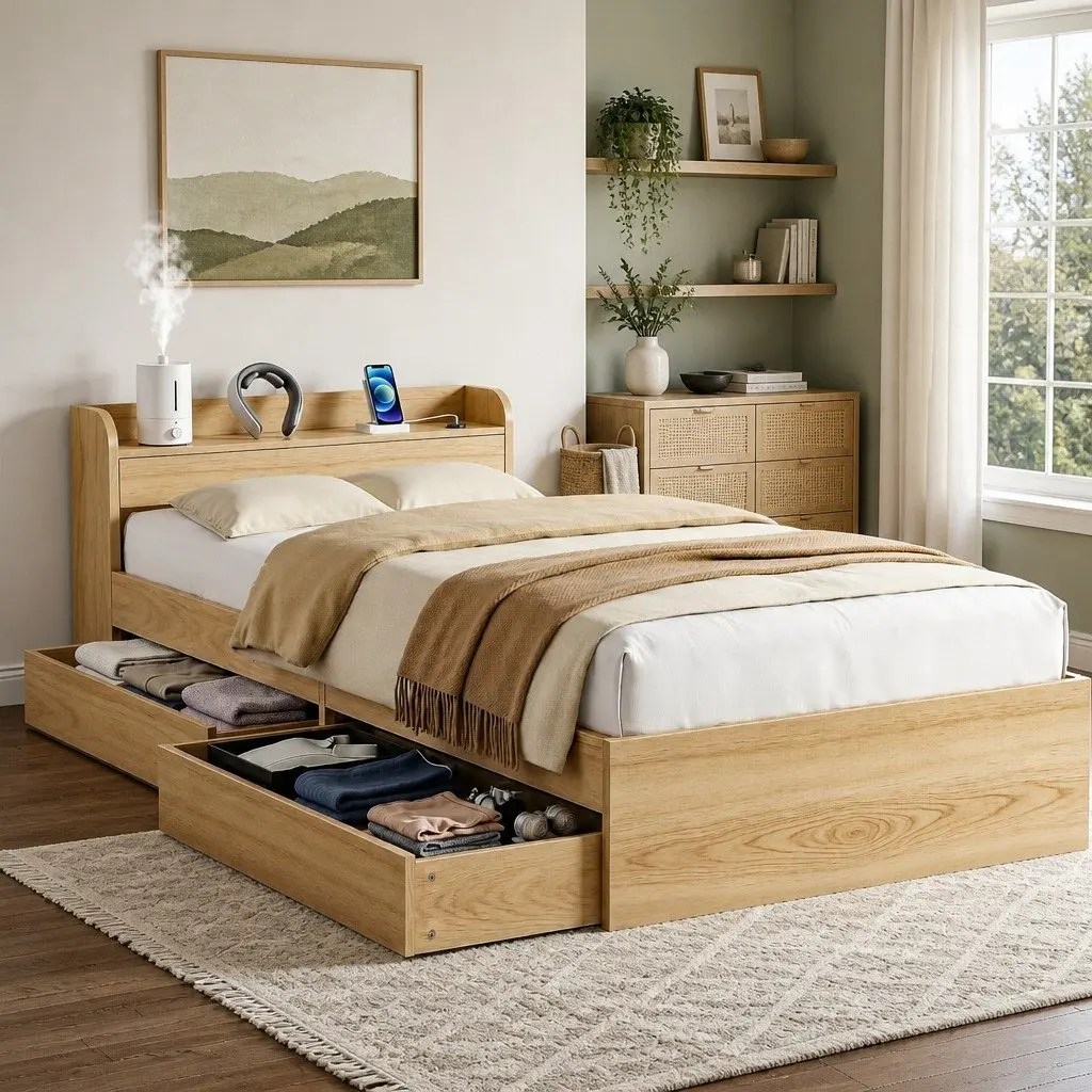 Single Bed Frame with 2 Storage Drawers & USB Ports