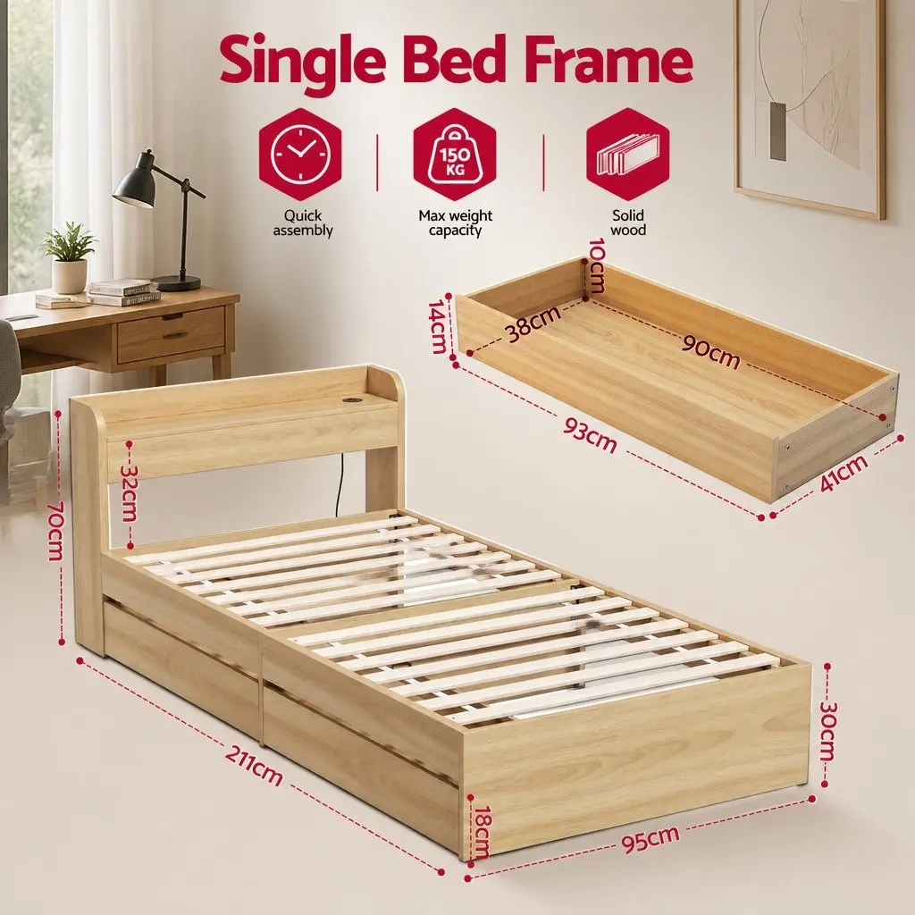 Single Bed Frame with 2 Storage Drawers & USB Ports