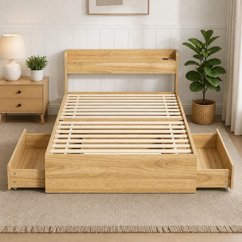 Single Bed Frame with 2 Storage Drawers & USB Ports
