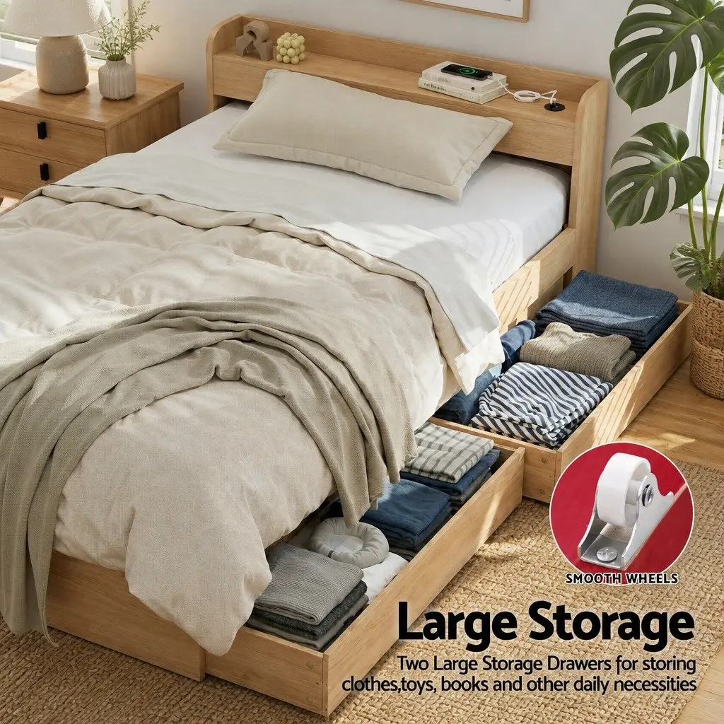 Single Bed Frame with 2 Storage Drawers & USB Ports