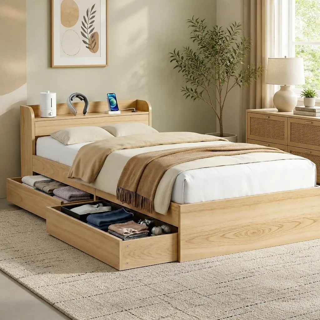 Single Bed Frame with 2 Storage Drawers & USB Ports