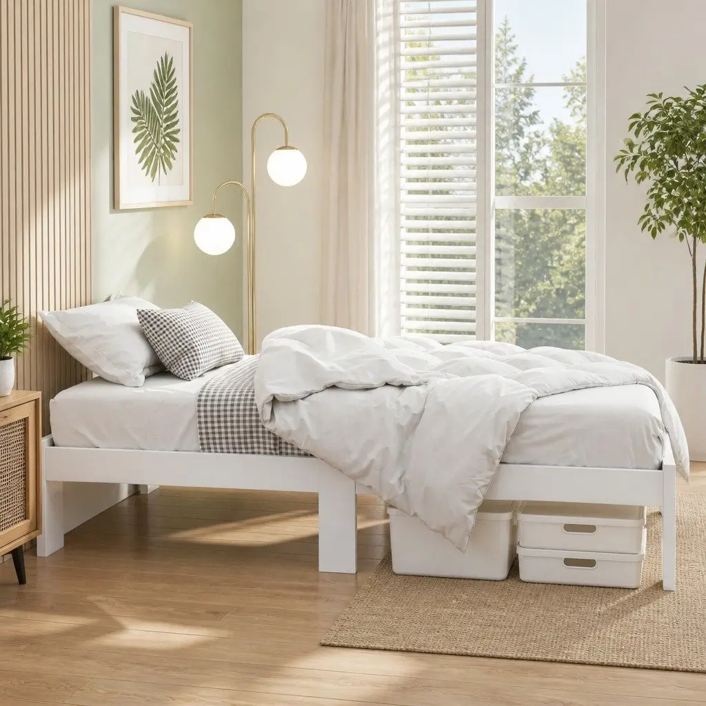 White King Single Bed Frame with Under Bed Storage