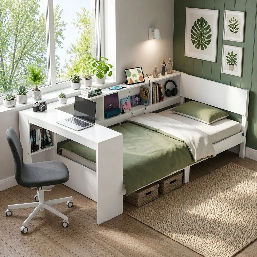 Corner Bed Frame with Desk and USB-C Charging